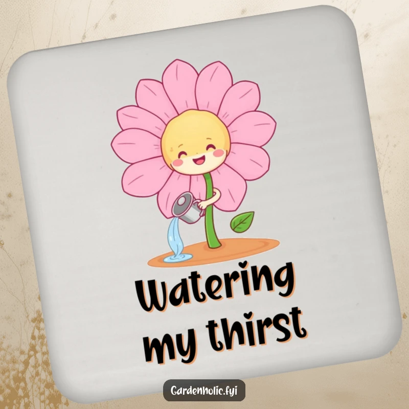 Funny happy sprout character watering a giant, smiling flower on a drink coaster, a funny home accessory gift.