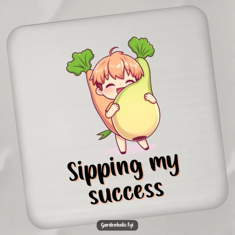 Funny Drink Coasters: Character joyfully holding a plump, oversized vegetable, protecting surfaces with humorous garden charm, an ideal funny gift.