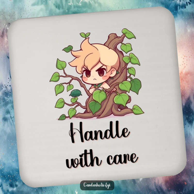 Funny Coaster: A determined character comically fights a giant, wild vine, protecting surfaces with a dose of humor.