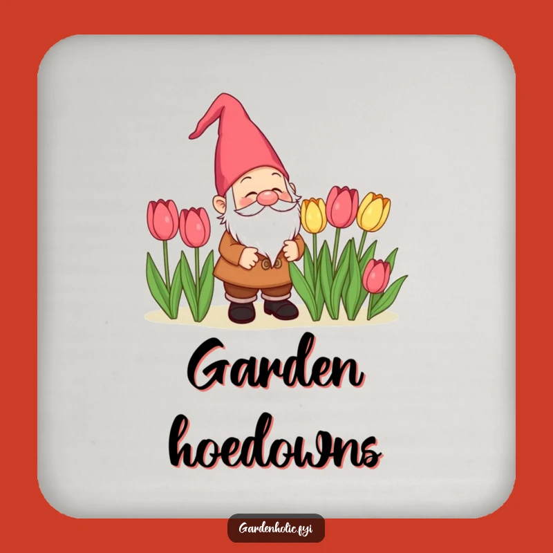 Funny Gnome Admiring Tulips Coaster: Garden Protection, Perfect Gift