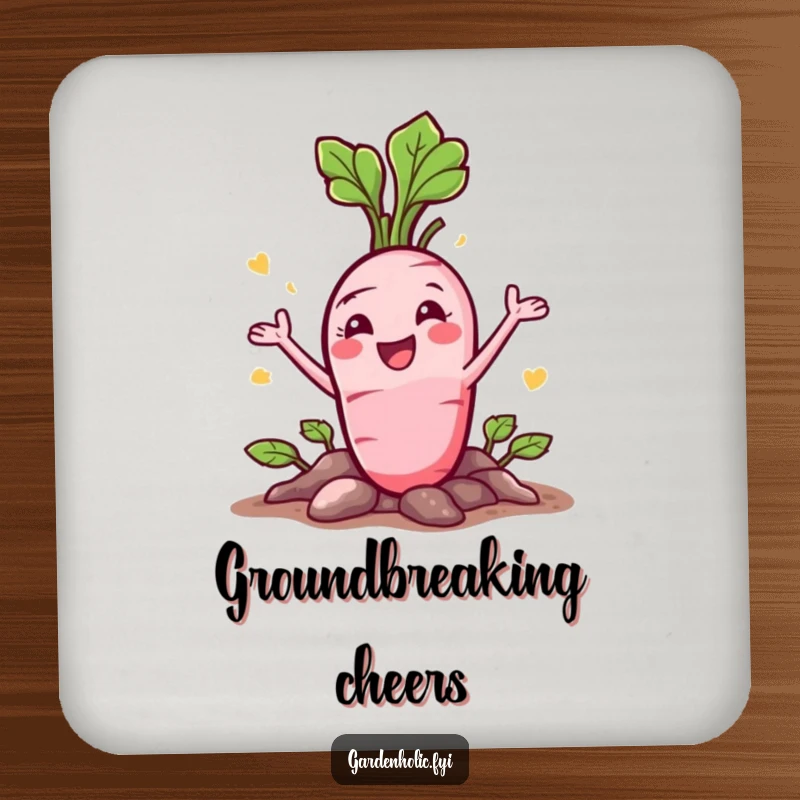 Funny Radish Coasters: A happy character bursting from the ground with a flourish, for table protection.