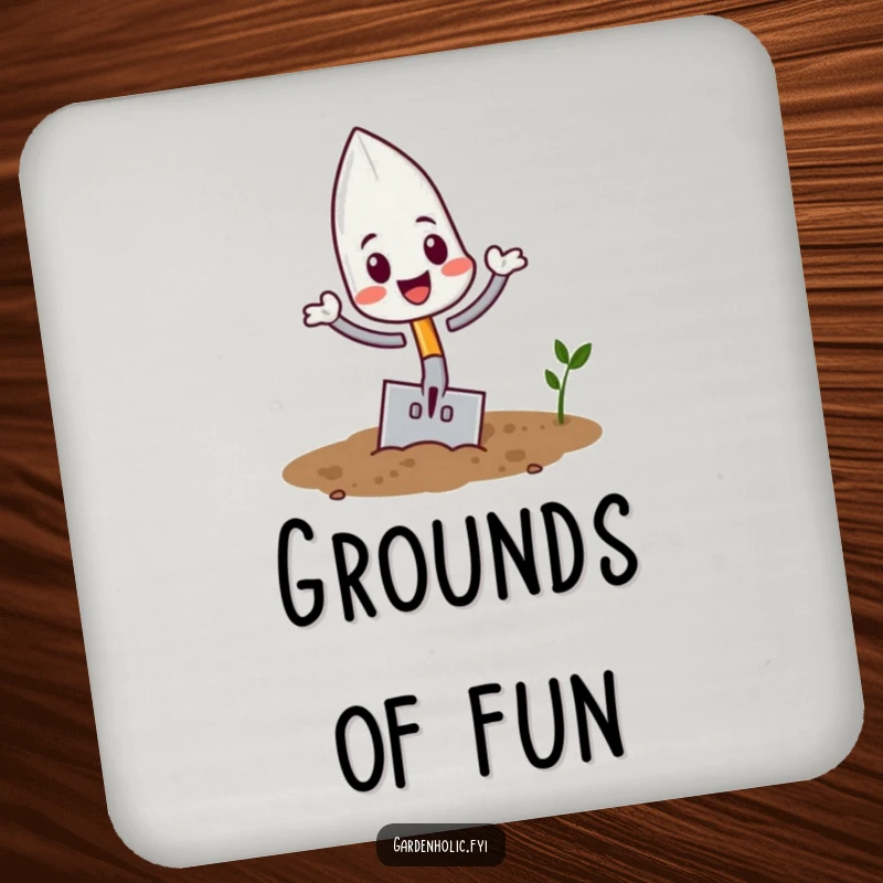 Funny playful trowel character flipping in soil on a drink coaster, a fun and funny home gift.