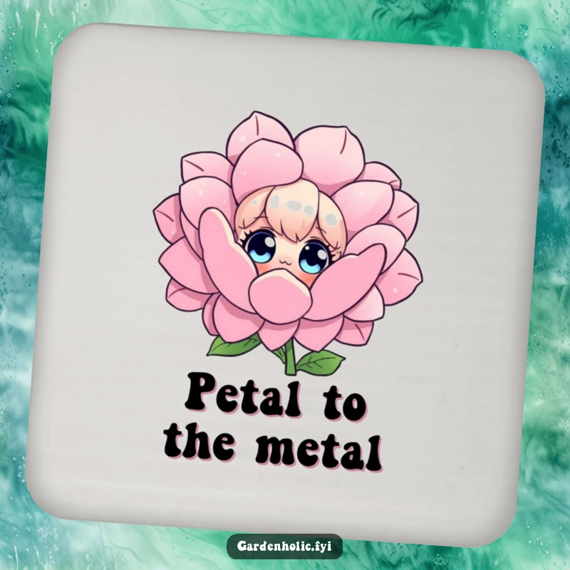 Funny drink coaster featuring a character with wide eyes admiring a giant flower, a humorous and protective addition to any surface.