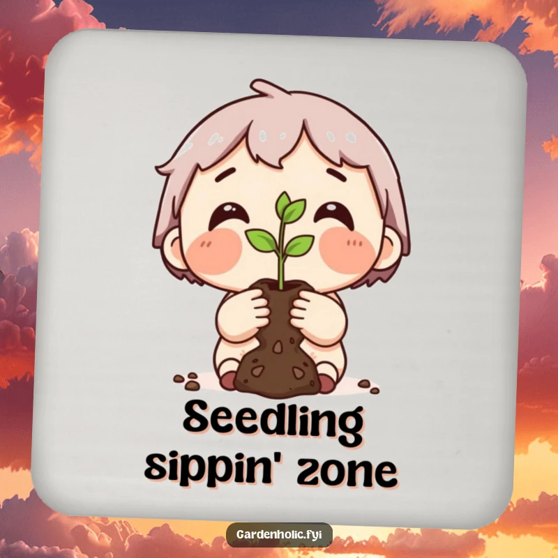 Funny drink coaster featuring a dirt-smudged character proudly holding a tiny seedling, adding heartwarming garden humor to any surface.