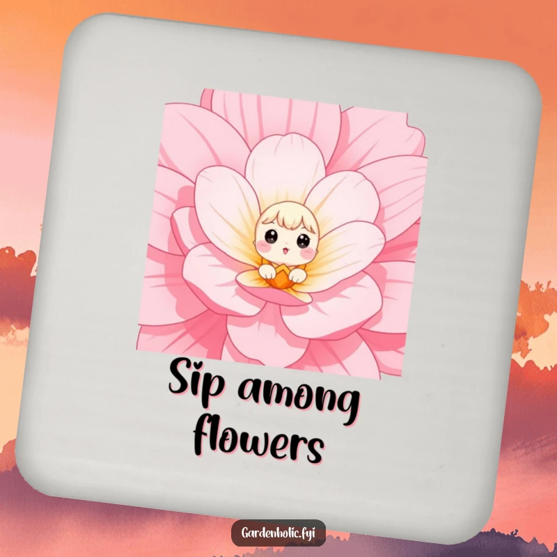 Funny Drink Coaster with a small character with wide eyes peeking out from a giant flower, symbolizing adorable surprise.