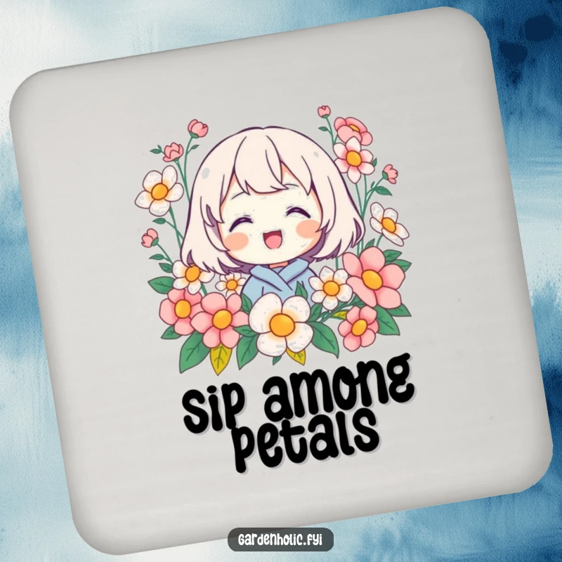 Funny drink coaster set featuring a happy character beaming among blooming flowers, protecting surfaces with floral charm.