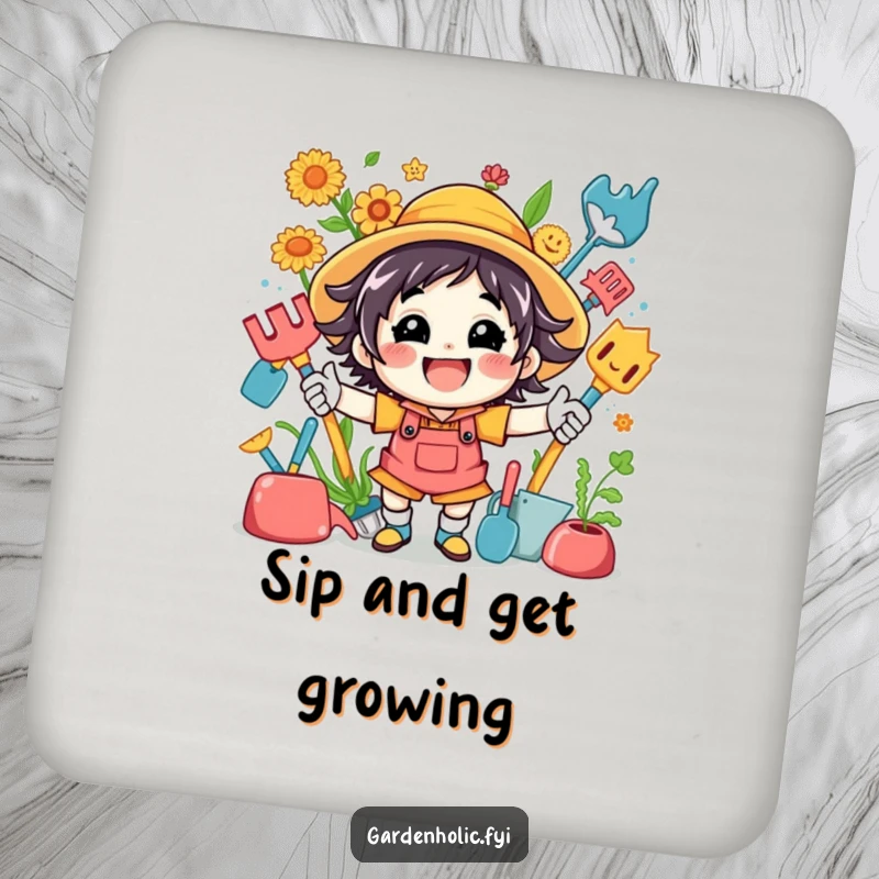 Funny coasters showcasing an energetic character with gardening tools, providing a humorous and protective barrier for tables.
