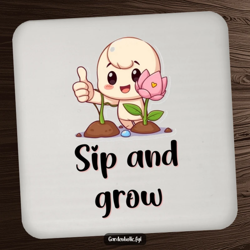 Funny Drink Coasters with a proud character giving a thumbs up next to a blooming sprout, symbolizing growth.
