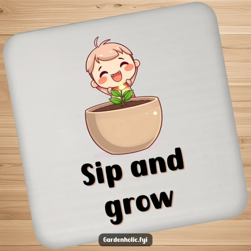 Funny drink coaster featuring a cute character joyfully planting a tiny, sparkling seed in a large pot, adding a touch of garden charm.
