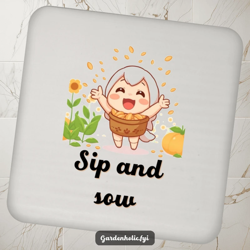 Funny drink coaster depicting a joyful character celebrating a bountiful harvest with a shower of seeds.