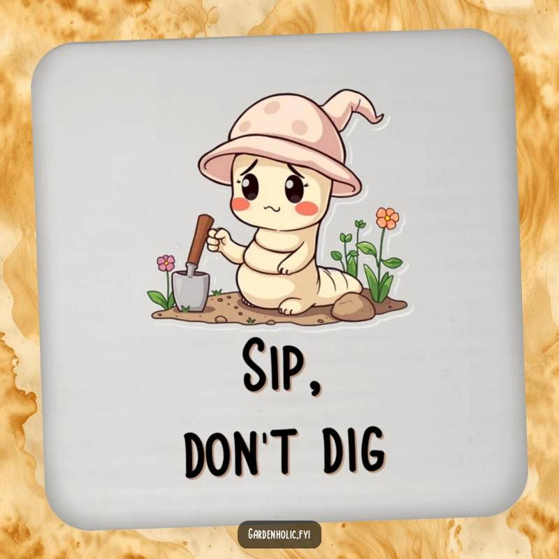 Funny coaster featuring a confused worm wearing a tiny gardening hat and holding a trowel, adding earthy charm.