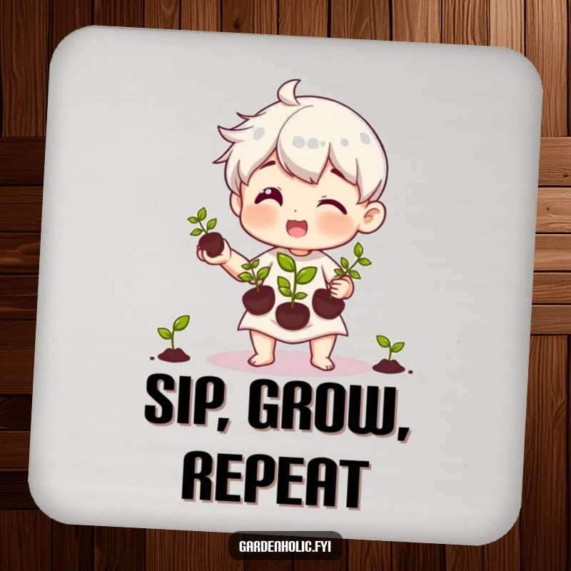 Funny drink coaster showing a character joyfully juggling three tiny seedlings, a cute accessory for plant enthusiasts.