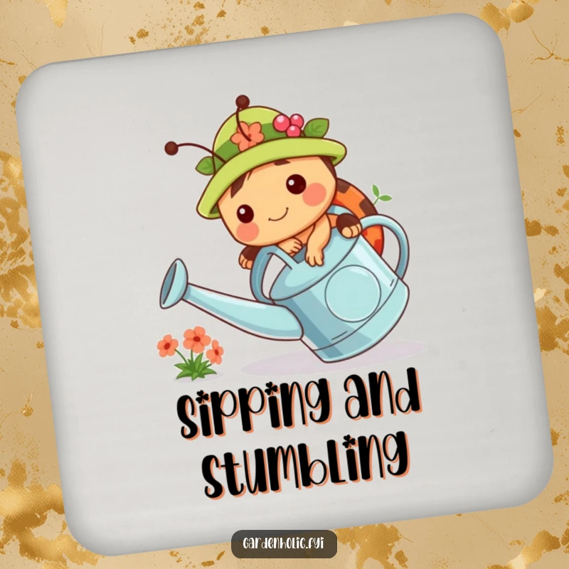 Funny drink coasters featuring a chubby ladybug in a gardening hat, tripping over a watering can. Cute and functional decor.
