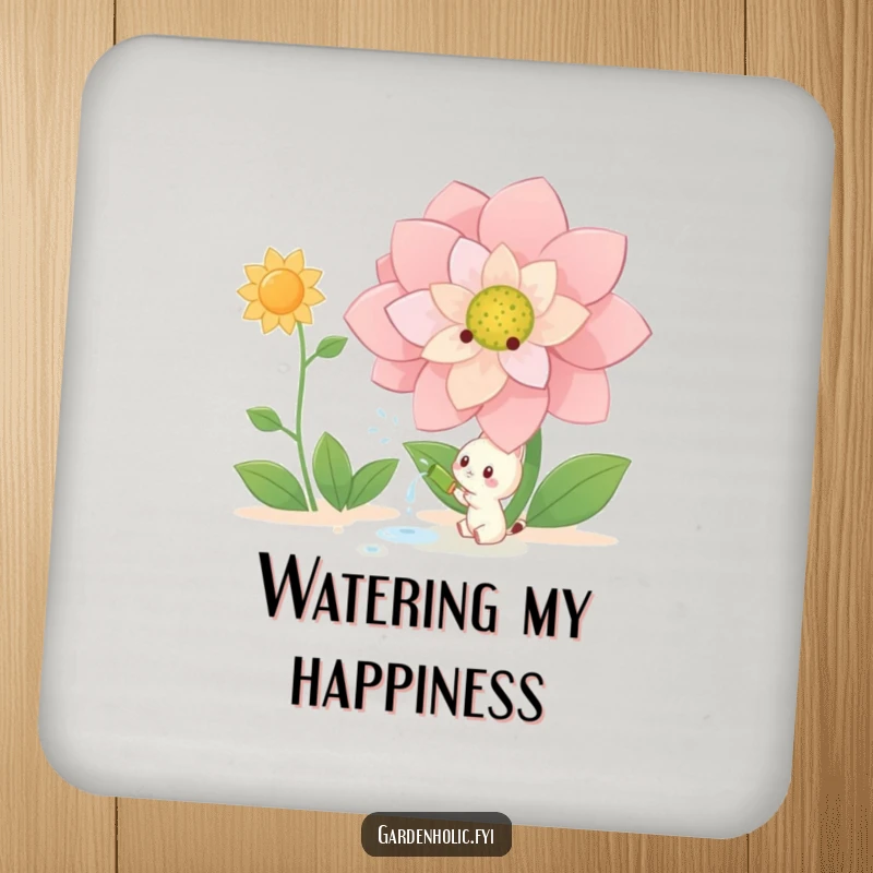 Funny Drink Coasters: Small creature happily watering a giant blooming flower, protecting surfaces with whimsical garden charm, an ideal funny gift.