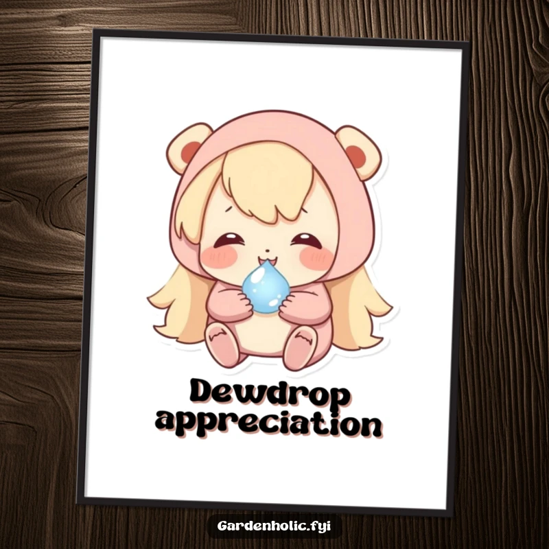 Funny poster of a happy character carefully cradling a tiny, shimmering dewdrop, capturing gentle wonder.