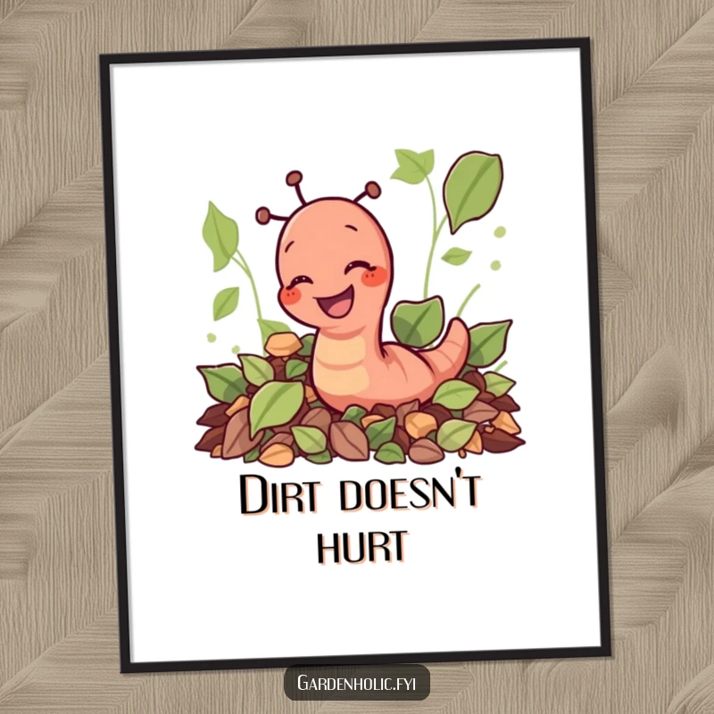 Funny giggling earthworm digging through leaves on a vibrant poster, a fun and funny art gift.