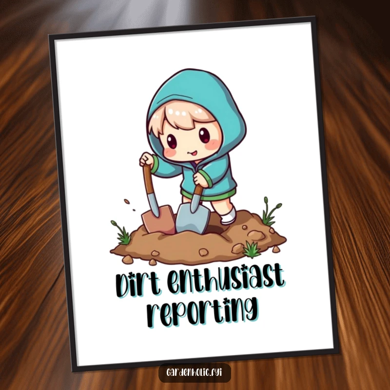 Funny poster print of a character with a miniature shovel digging energetically, bringing humor and motion.