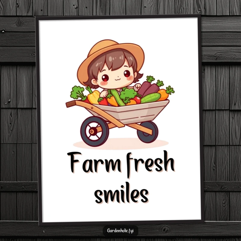Funny Poster: Character beaming, holding a wheelbarrow full of bright vegetables, cheerful garden art, an ideal funny gift for decor.