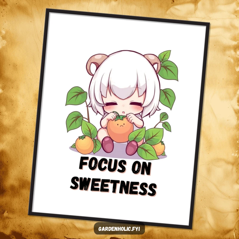 Funny poster: Cute character with intense focus, gently tending to a miniature fruit, symbolizing watchfulness.