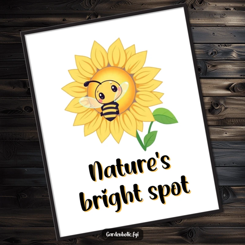 Funny Bee Sunflower Poster: A curious bee buzzing around a giant glowing sunflower, wall decor.