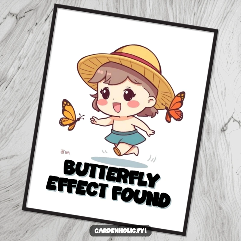 Funny poster of a character in a straw hat, excitedly chasing a butterfly, capturing playful motion.