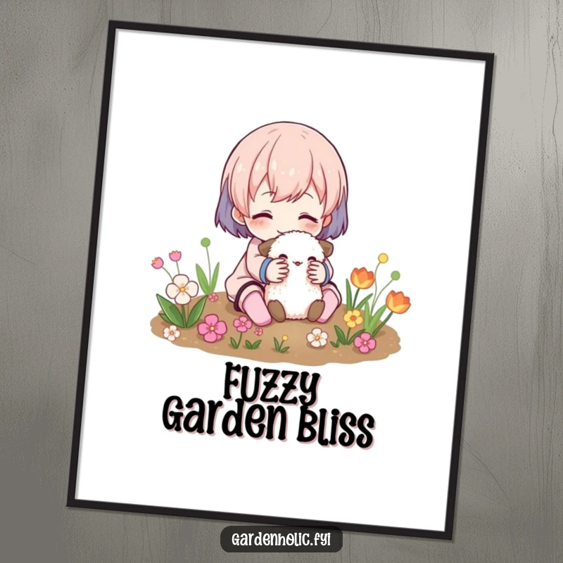 Funny Poster: A character lovingly embraces a small, fluffy animal in a lush garden, creating a cheerful visual.