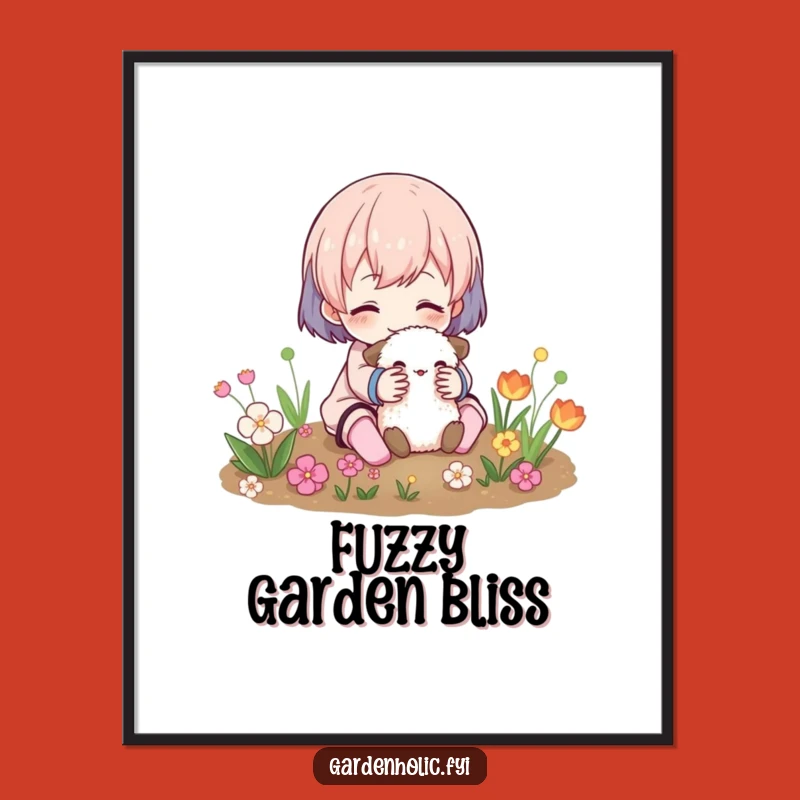 Funny Garden Cuddle Poster: Adorable Fuzzy Friend Art Print, Whimsical Wall Decor, Cherished Funny Gift