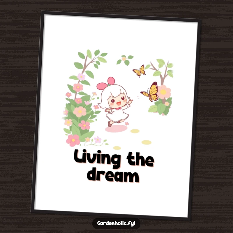 Funny poster art of a character joyfully chasing a fluttering butterfly through a lush garden, capturing a moment of pure delight.