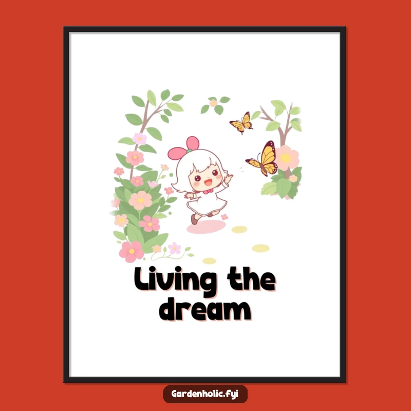 Funny Garden Poster: Joyful Butterfly Chase Art, Whimsical Wall Decor