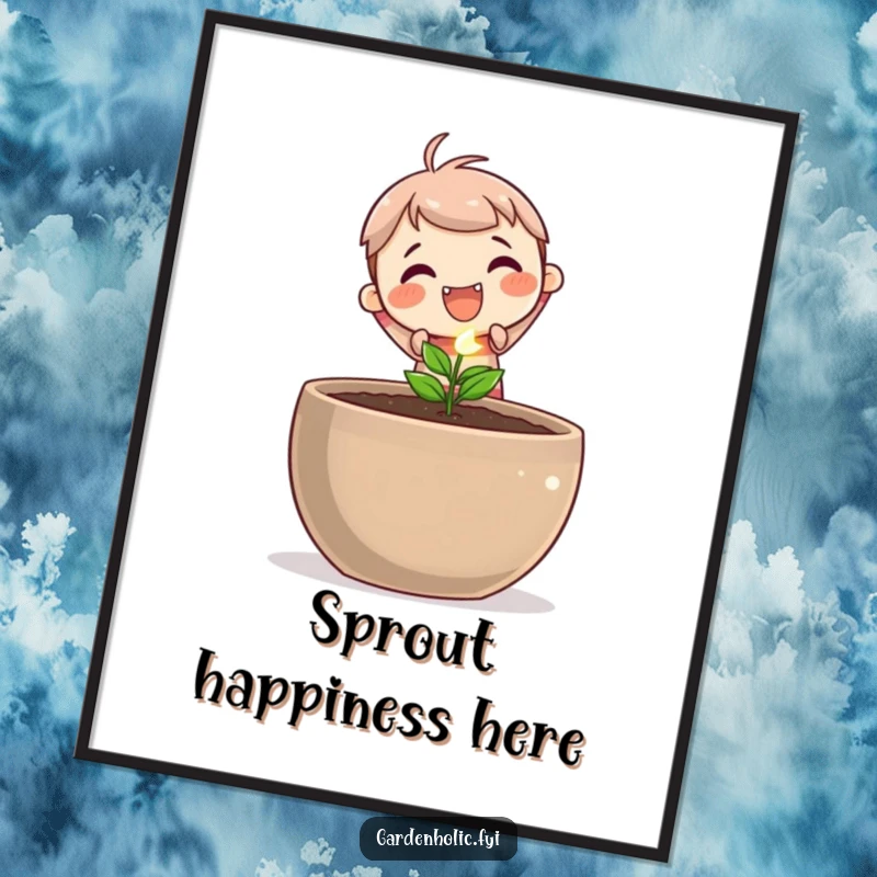 Funny poster depicting a cute character with a joyful expression, planting a tiny, sparkling seed in a large pot, symbolizing potential.
