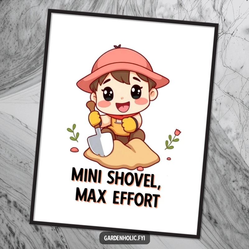 Funny poster depicting a character in gardening gloves, enthusiastically digging with a miniature shovel, capturing the joy of garden prep.