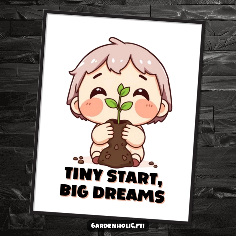 Funny poster depicting a character with smudged cheeks proudly presenting a tiny, delicate seedling, symbolizing new life and growth.