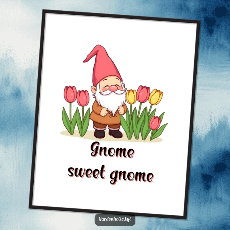Funny delighted gnome character admiring tulips on a vibrant poster, a charming and funny art gift.