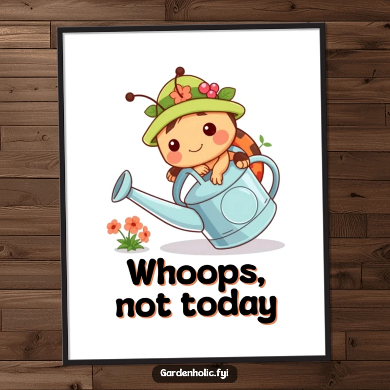 Funny poster print of a chubby ladybug in a tiny gardening hat, tripping over a large watering can. Whimsical wall art.