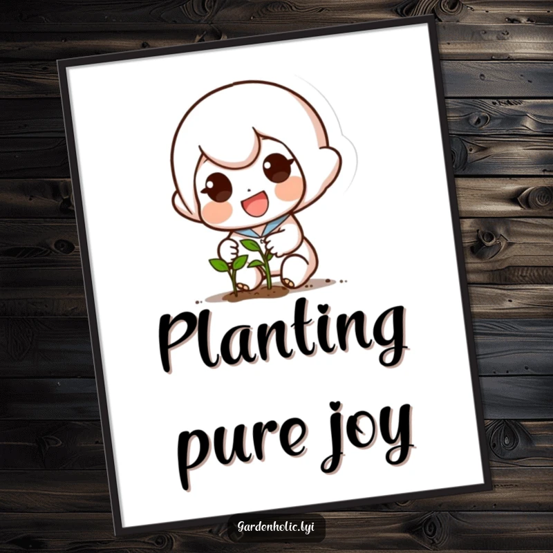 Funny poster of a small, excited character planting a tiny seed with a determined smile, inspiring wall decor.