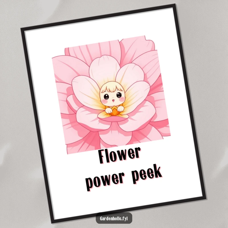 Funny Poster depicting a small character with wide eyes peeking out from a giant flower bloom, conveying surprise and delight.