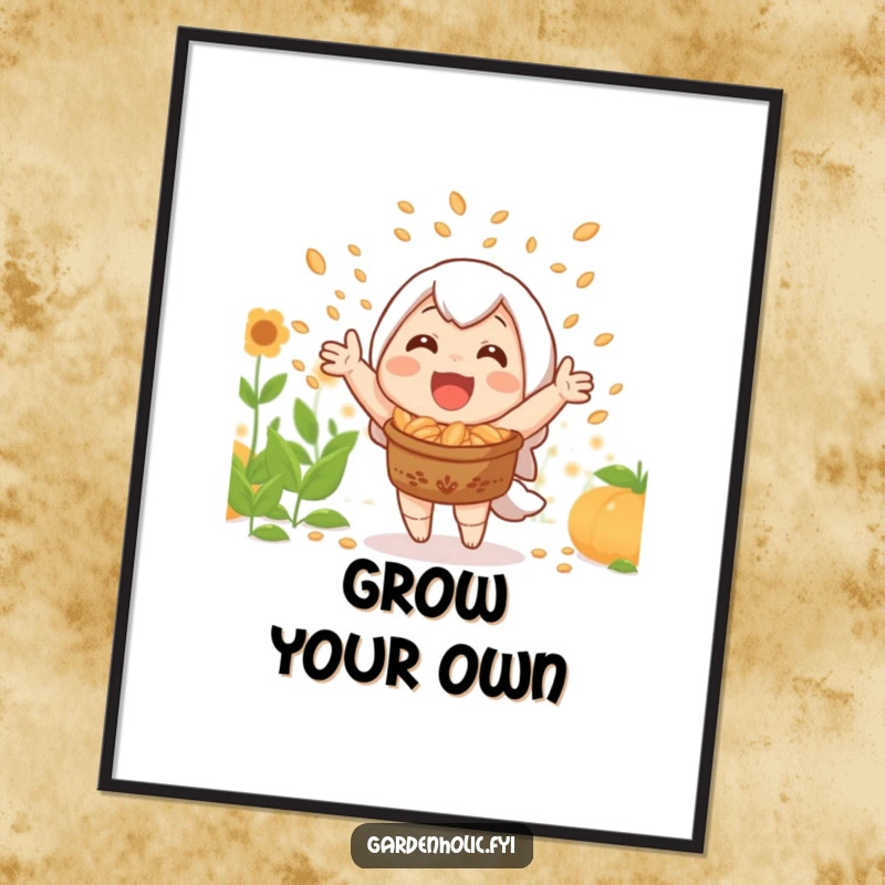 Funny poster art of a joyful character celebrating a bountiful harvest with a shower of seeds.