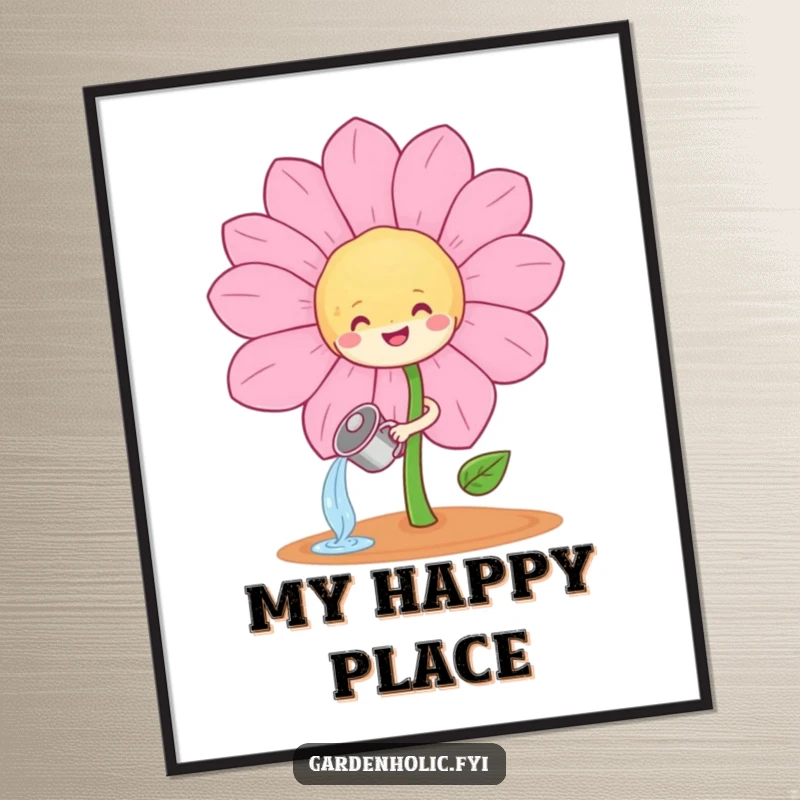 Funny happy sprout character joyfully tending to a giant, smiling flower on a vibrant poster, a funny home decor gift.