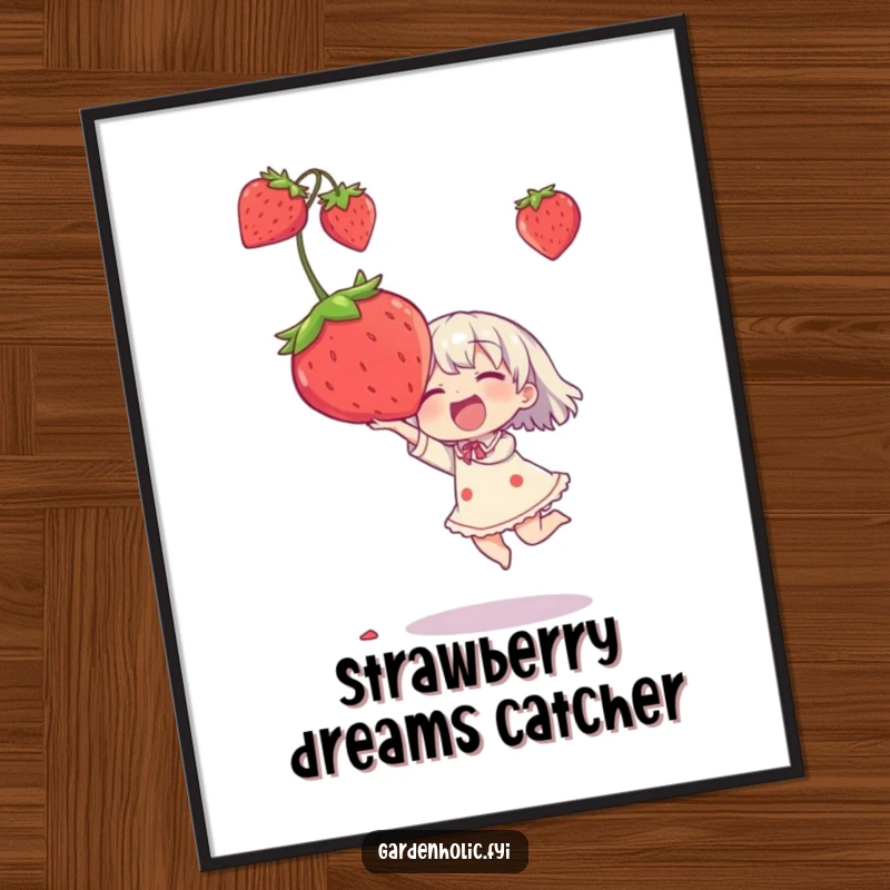 Funny poster of a character joyfully catching a comically oversized strawberry, capturing pure delight.