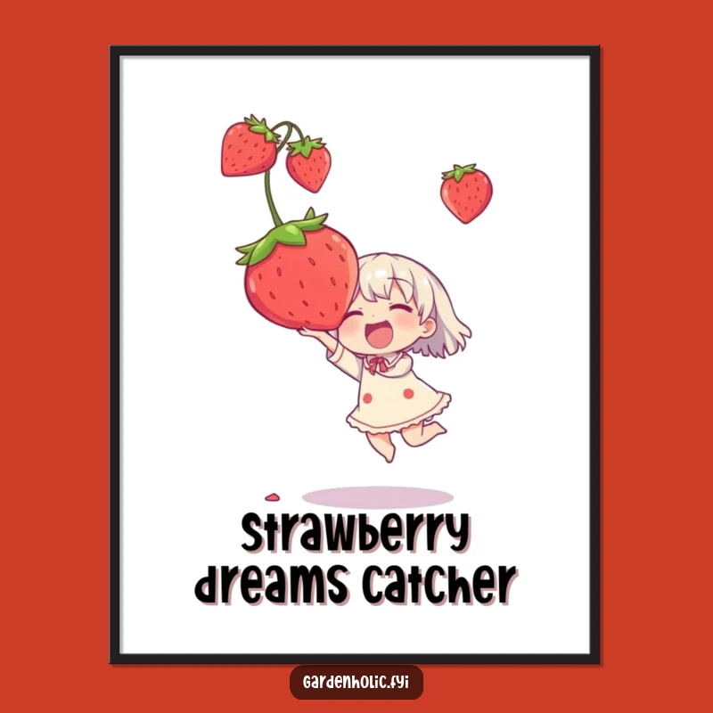 Funny Strawberry Catch Poster - Joyful Character Art, Giant Fruit Decor, Hilarious Funny Gift!