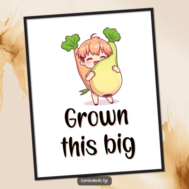 Funny Poster: Character gleefully holding a plump, oversized vegetable, symbolizing a successful harvest with humorous garden art, a perfect funny gift.
