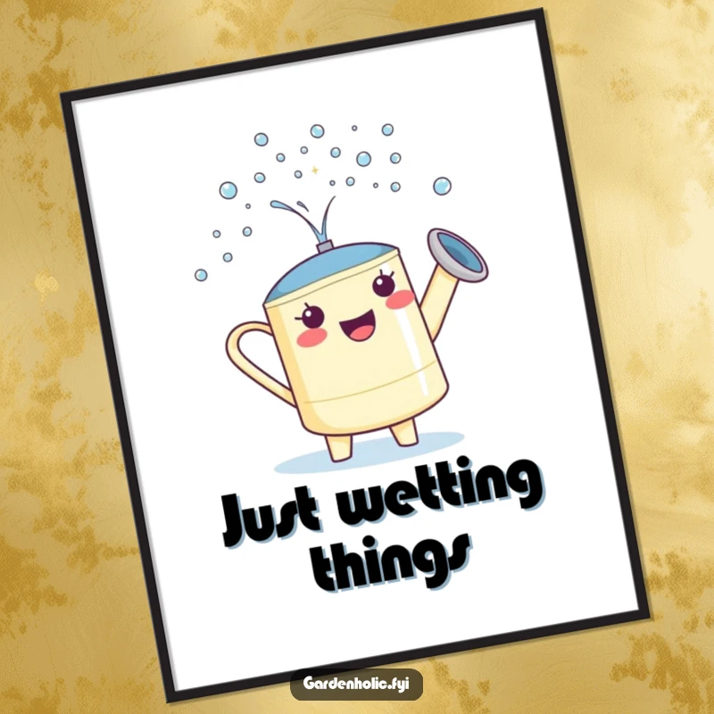Funny Watering Can Poster: A proud character showering tiny sparkling droplets, whimsical wall decor.