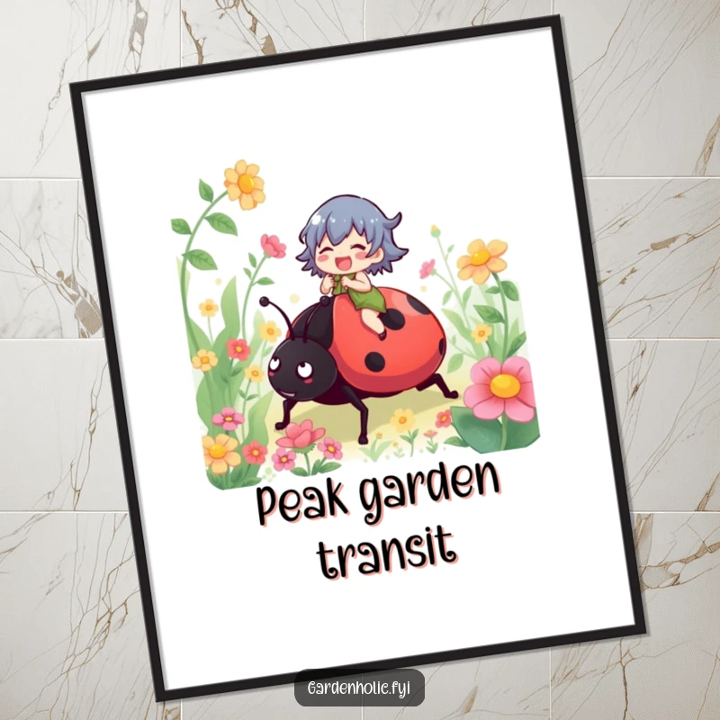 Funny poster showcasing a gleeful character joyfully riding a huge ladybug in a beautifully illustrated garden, a scene of pure bliss.