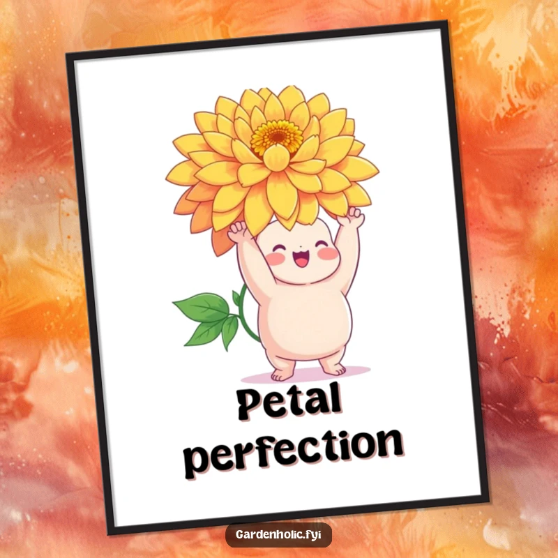 Funny poster of a chubby character triumphantly holding a giant, vibrant flower, celebrating a beautiful bloom.