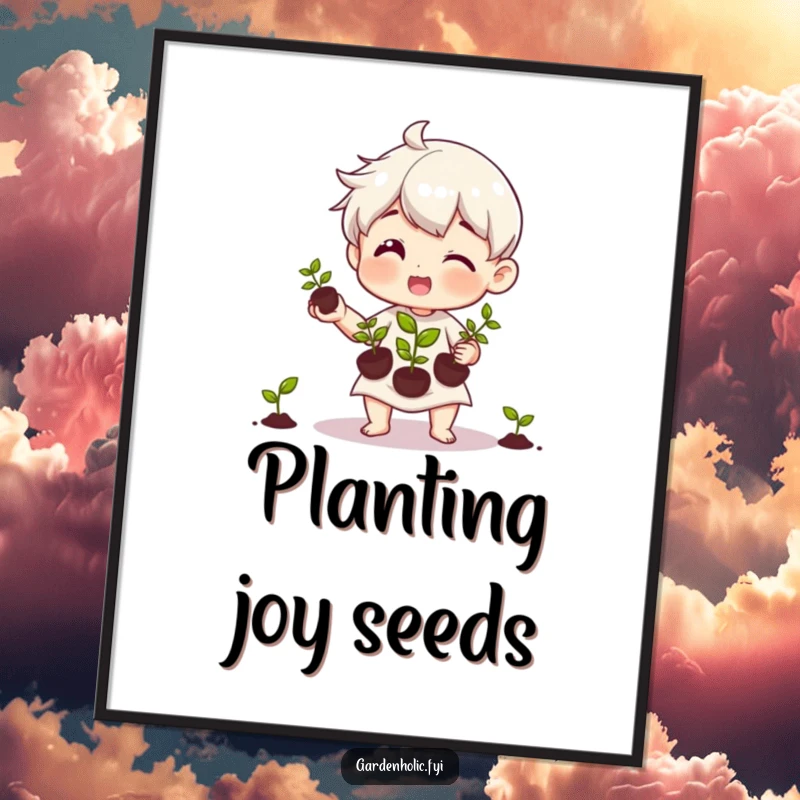 Funny poster illustration of a character happily juggling three tiny seedlings with a focus on gentle care and growth.