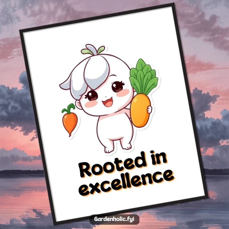 Funny poster: Tiny character beaming with immense pride, holding a perfect, shiny vegetable, symbolizing garden achievement.