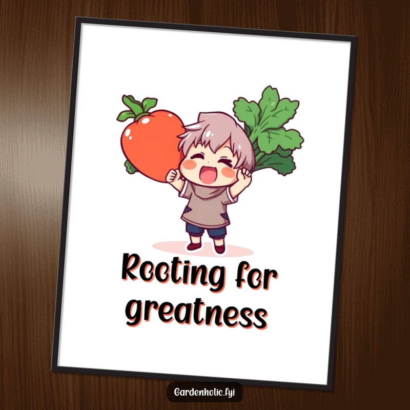 Funny poster illustration of a delighted character holding a comically oversized, vibrant vegetable, promoting healthy eating and cheerful vibes.