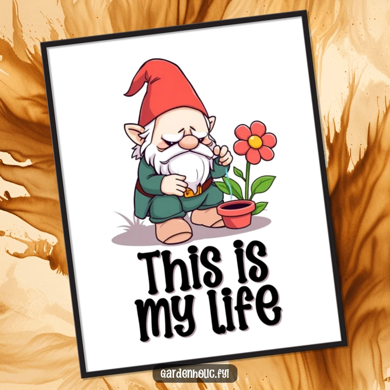 Funny poster: A grumpy garden gnome looking unamused while watering a fake, plastic flower, capturing a moment of horticultural irony.