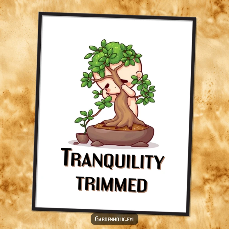 Funny poster of a playful character intensely focused on pruning a miniature bonsai tree, symbolizing patience and mindfulness.