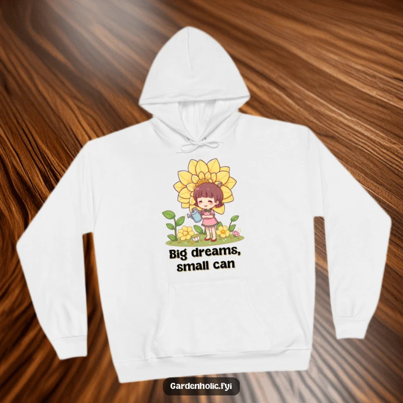 Funny hoodie design of a character happily watering a massive blooming flower with a tiny watering can, symbolizing care.